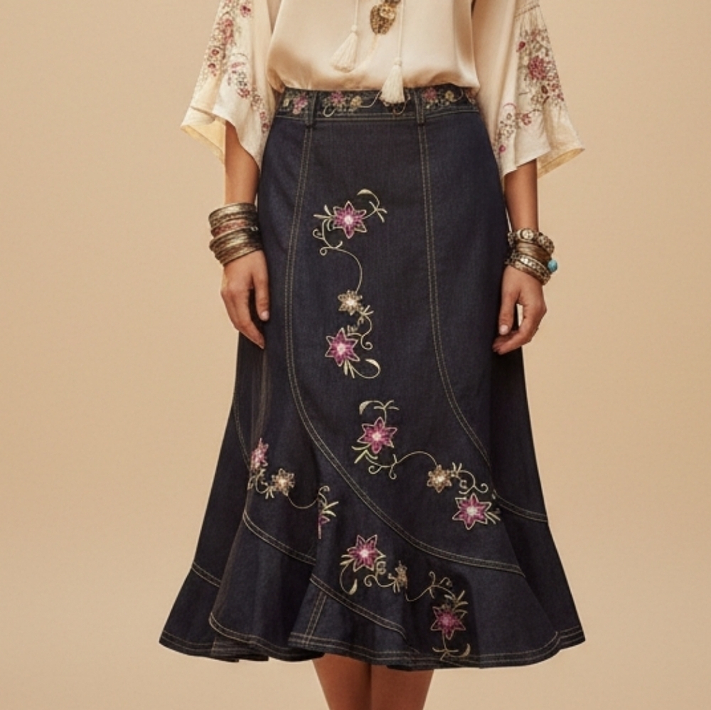 Floral Embroidered Denim Skirt Stretch Fit & Flare Boho XS Vtg Unique